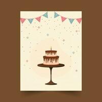 Delicious Layer Cake With Burning Candle Over Table And Bunting Flags On Beige Zigzag Line Pattern Background. vector