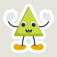 Laughing Green Triangle Cartoon Shape With Hand Up In Sticker Style. vector