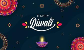 Happy Diwali Font With Illuminated Oil Lamp And Mandala Pattern On Blue Background. vector
