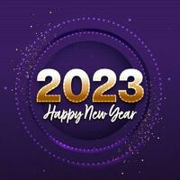 Golden 2023 Number Against Purple Lighting Circular Frame Background For Happy New Year Concept. vector