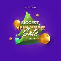 Biggest New Year Sale Poster Design With Xmas Tree Decorated By Lighting Garland And 3D Baubles On Purple Background. vector