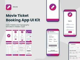 Movie Ticket Booking App UI Kit Including Account Sign In, Sign Up, Booking and Service Type Review Screens for Mobile Application. vector