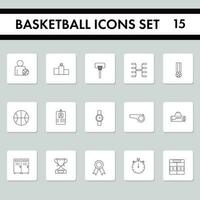 Black Lineal Style Basketball Icons Set On Grey Square Background. vector