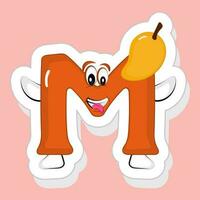 Sticker Style Funny N Alphabet Cartoon Character With Mango On Pink Background. vector