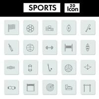 Black Thin Linear Of Sports Equipment Square Icon Set. vector