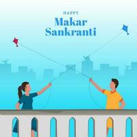 Faceless Young Boy And Girl Flying Kite At Roof Illustration On The Occasion Of Makar Sankranti Festival. vector