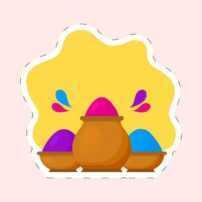 Sticker Style Three Gulal Mud Pot On Yellow And Pink Background.