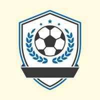 Blank Black Ribbon With Blue Laurel Leaves, Soccer Ball And Shield On Cosmic Latte Background. vector