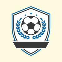 Blank Black Ribbon With Blue Laurel Leaves, Soccer Ball And Shield On Cosmic Latte Background. vector