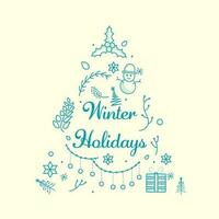 Winter Holidays Font With Doodle Xmas Tree Made By Festival Elements On White Background. vector