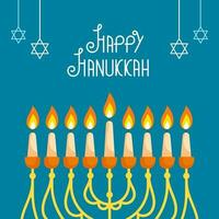 Happy Hanukkah Celebration Concept With Illuminated Candelabra, Hanging Star Of David Decorated On Blue Background. vector