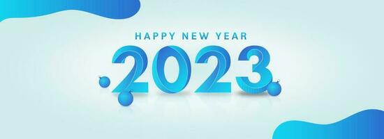 3D Paper Style 2023 Number With Baubles Against Glossy Blue Background For Happy New Year Concept. vector