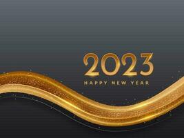 Golden 2023 Happy New Year Text With Abstract Shiny Wave Against Gray Background. vector