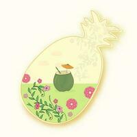 Summertime Pineapple Concept With Coconut Drink And Floral View In Sticker Style On White Background. vector