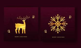 Merry Christmas Greeting Card OR Poster Design With Golden Reindeer, Snowflake, Curl Ribbon And Xmas Trees On Dark Pink Background. vector