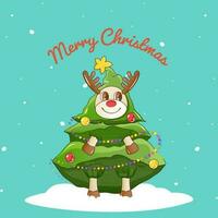 Merry Christmas Celebration Greeting Card With Cartoon Reindeer Wearing Xmas Tree Costume Against Blue Snowfall Background. vector