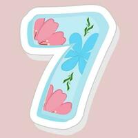 Sticker Style Floral Number 7 On Pink Background. vector