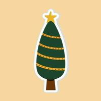 Illustration Of Sticker Style Christmas Tree Icon In Green Color Flat Style. vector