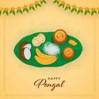 contento pongal celebracion concepto con tradicional comidas terminado plátano hoja y floral guirnalda en pastel naranja antecedentes. vector