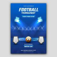 Football Tournament Flyer Design With 3D Golden Soccer Ball And Empty Shield Of Participating Team A VS B On Blue Stadium Lights Background. vector