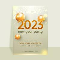 2023 New Year Party Invitation Card With 3D Balls And Event Details On Gray Confetti Bokeh Background. vector