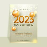 2023 New Year Party Invitation Card With 3D Balls And Event Details On Gray Confetti Bokeh Background. vector