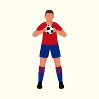 Faceless Soccer Player Holding Ball In Standing Pose Against Cosmic Latte Background. vector