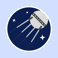 Sticker Style Sputnik Fly In Space Stars Blue Background. vector