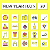 Illustration Of New Year Icons Set On White Square And Yellow Background. vector