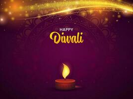 Happy Diwali Lettering With Lit Tealight Candle And Golden Light Wave On Dark Purple Circular Mandala Background. vector