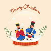 Merry Christmas Celebration Greeting Card With Nutcracker Characters Inside Snow Globe And Fir Leaves On Peach Background. vector