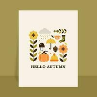 Hello Autumn Greeting Card With Season Elements On White Background. vector