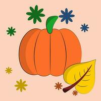 Flat Pumpkin With Leaf And Flowers Over Peach Background. vector