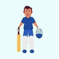 Pixel Effect Portrait Of Batsman Standing On Pastel Blue Background. vector
