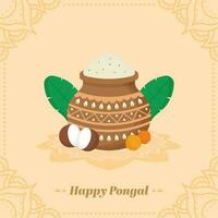 Happy Pongal Celebration Greeting Card With Mud Pot Full Of Rice, Coconut, Banana Leaves, Marigold Flower On Light Orange Rangoli Background. vector