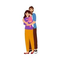 Cute Young Couple Standing With A Daughter On White Background. vector