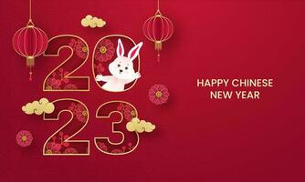 Paper Cut 2023 Number With Cartoon Bunny, Flowers, Clouds And Origami Paper Lanterns Hang On Red Background. vector