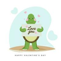 Happy Valentine's Day Greeting Card With Cartoon Turtle Showing Paper Of LOVE YOU Text On Abstract Background. vector