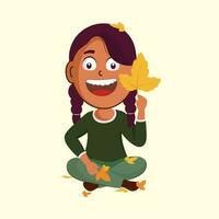 Happiness Young Girl Sitting With Show Autumn Leaves On Beige Background. vector