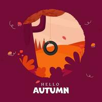 Hello Autumn Font With Tyre Hanging On Tree Branch Against Fall Season Dark Pink Background. vector