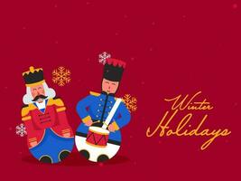 Winter Holidays Poster Design With Nutcracker Characters And Snowflakes On Red Background. vector