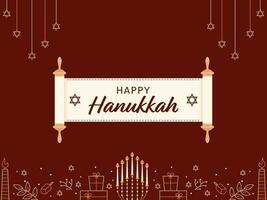 Happy Hanukkah Scroll Paper Banner With Line Art Festival Elements Decorated On Red Background. vector