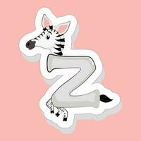 Sticker Style Z Alphabet Cartoon Animal Zebra On Pink Background. vector