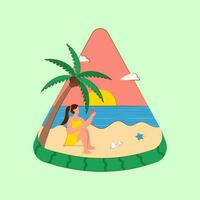 Summertime Watermelon Beach Concept On Sea Green Background. vector