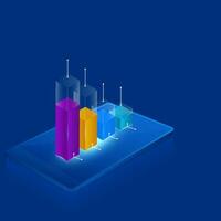 3D Render Of Colorful Growth Bar Graph Over Smartphone Screen On Blue Background. vector