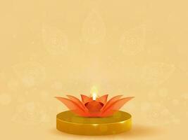 Lit Oil Lamp Over 3D Lotus Podium Against Pastel Orange Background And Copy Space. vector