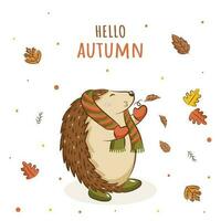 Hello Autumn Font With Cartoon Hedgehog Blowing Leaves On White Background. vector