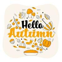 Hello Autumn Font With Autumnal Season Icons On Peach And White Background. vector