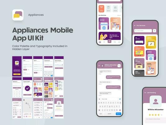 Appliances Mobile App UI Kit with Multiple Screens as Log in, Create Account, Profile, Order and Product Details.