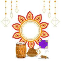 Empty Floral Frame With Drum, Indian Sweets, Kite, String Spool Decorated White Background For Makar Sankranti Festival. vector